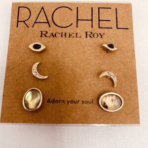 Rachel Roy Earrings Set of 3 Oval Moon Gold Tone New